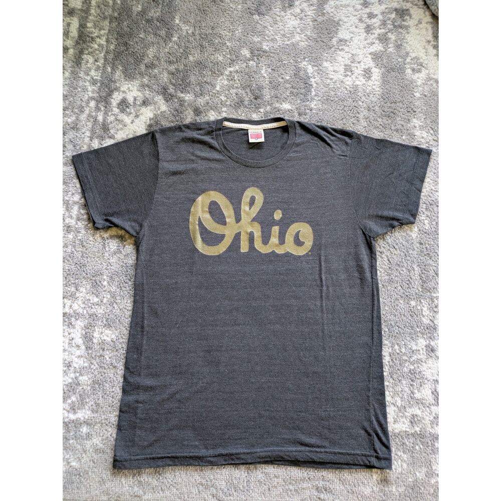 Vintage Homage Script Ohio T-Shirt, Gold Print On Gray - Medium, Made In USA